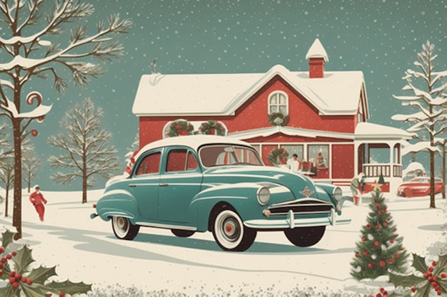 Design a vintageinspired Christmas card with a classic holiday scene incorporating elements