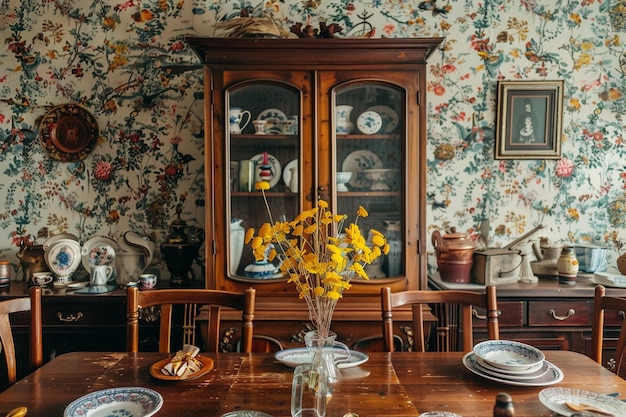 Design a vintageinspired dining area with antique generative ai