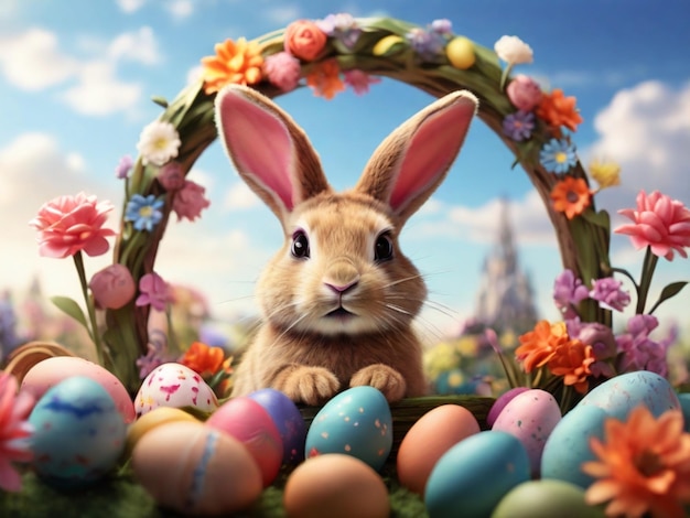 Design a visually stunning 3D Easter landscape a charming bunny amidst vibrant flowers and cheerful