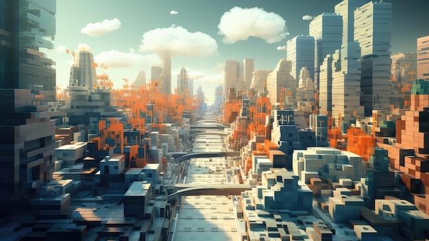 디자인 voxel 도시 풍경 그림 3d 렌더링 현대 미래 지향적 관점 디자인 voxel 도시 풍경 ai 생성