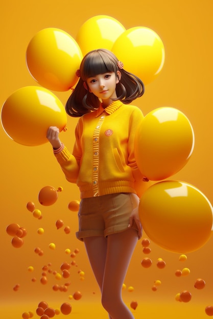 Design vrouw met gele helium ballonnen op gele achtergrond Vrouwelijke bedrijf ballonnen
