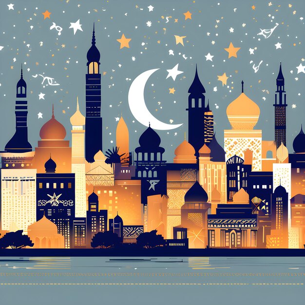 Photo design an wallpaper that seamlessly blends a cityscape with the festive atmosphere of ramadan