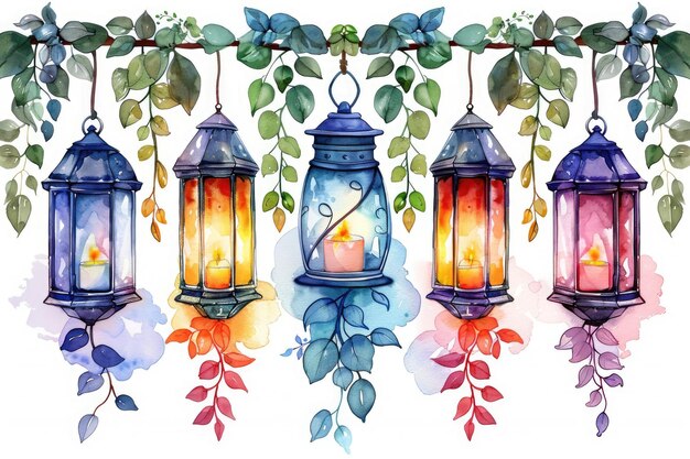 design watercolour painting of ramadan decoration and islamic greeting card background