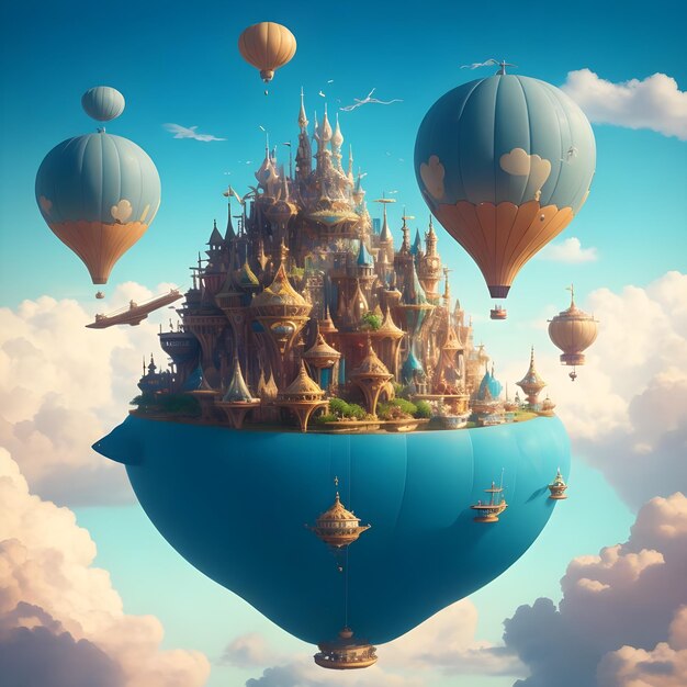 Design a whimsical floating city in the sky