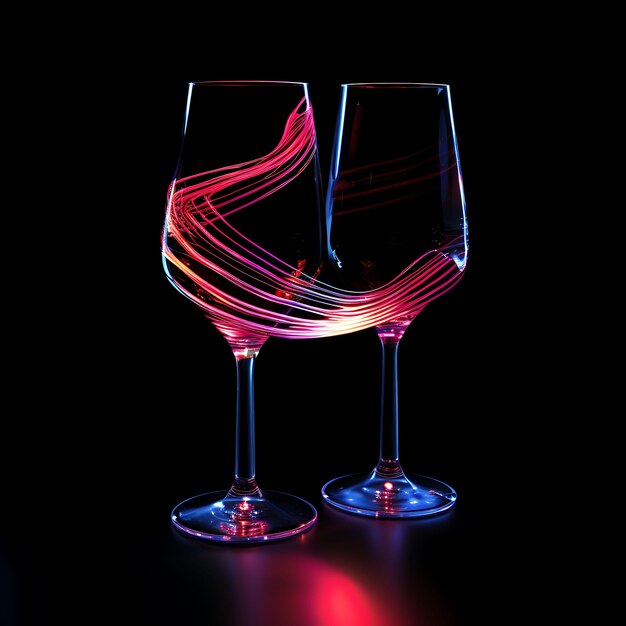 Design of Wine Glass Deep Red Wavy Neon Lines Grape Decorations Twiste Clipart Tshirt Design Glow