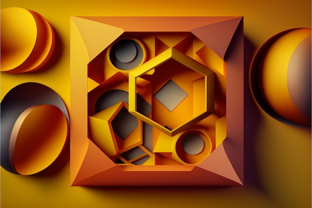 A design with orange and yellow squares and a red circle