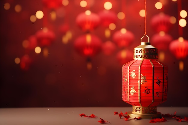 Design with red chinese lantern Golden Bokeh lights on the blurred background Chinese New Year