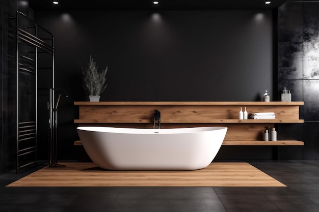 Дизайн дерево роскошь ванная комната интерьер дома ванна мебель черное окно современный Generative AI