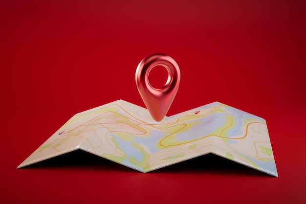 Designation of the location on the map map with a red GPS point on a red background 3D render