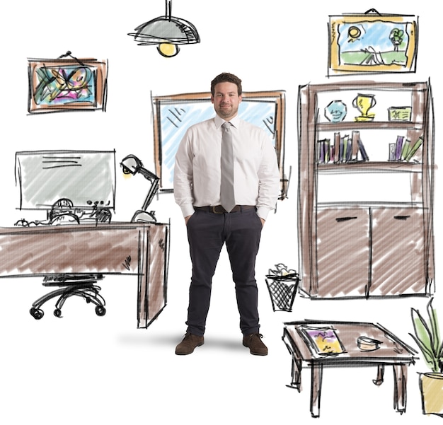 Designed room of office with businessman smiling