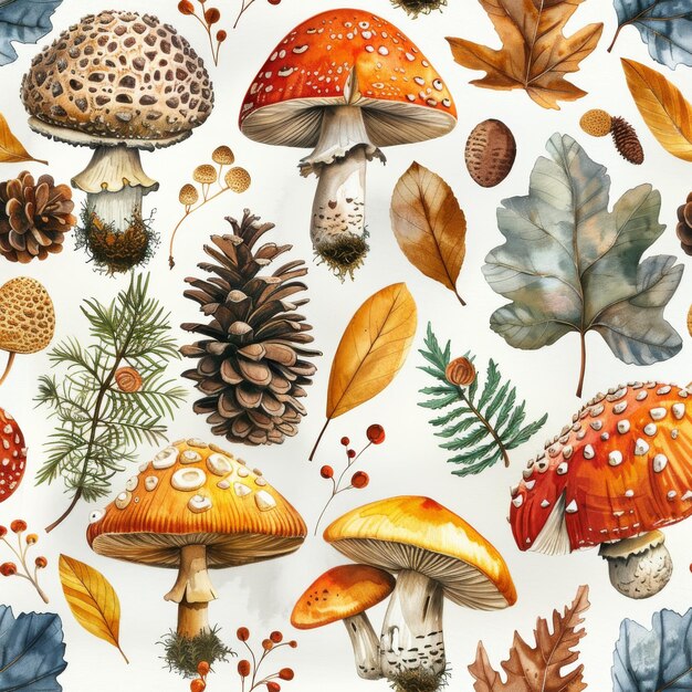 Designed with forest plants leaves cones mushrooms and a seamless pattern Hand painted watercolor