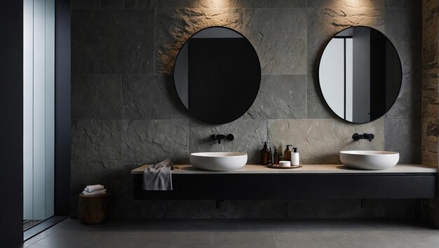 Designer bathroom black sink on textured stone wall background generative AI