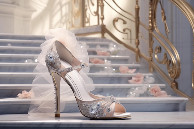 Designer bridal high heel positioned on marble staircase Generative AI