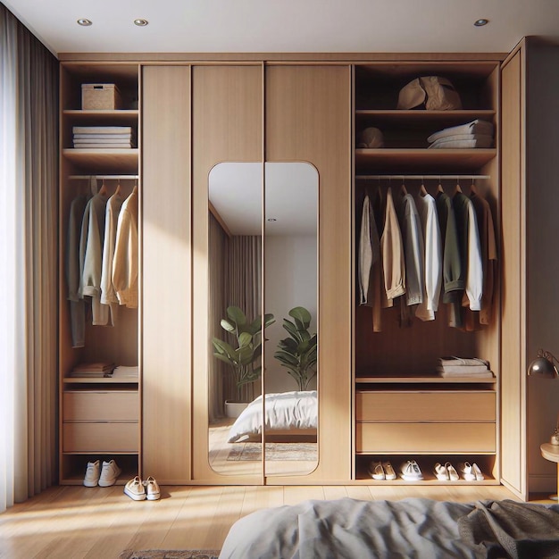 A designer dressing room with modern clothes in a room