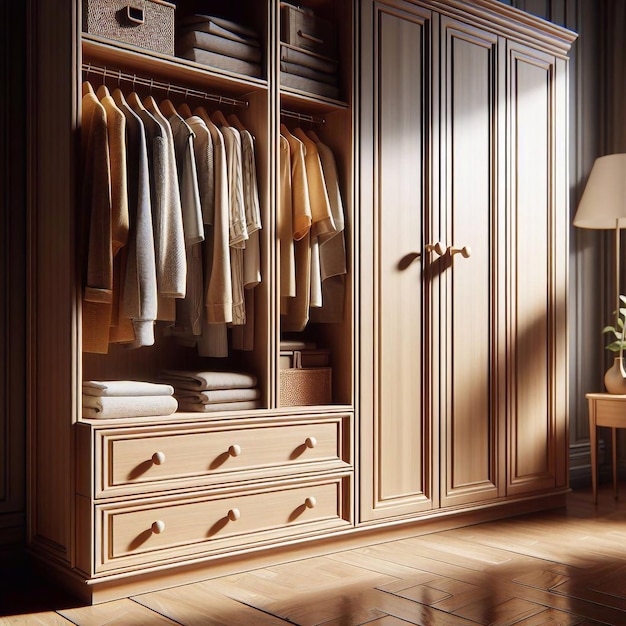 A designer dressing room with modern clothes in a room