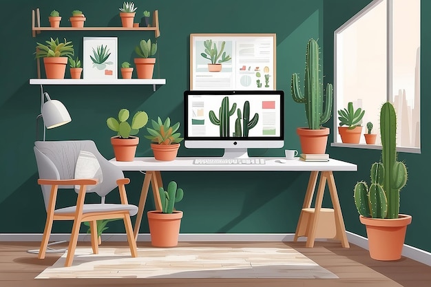 Designer or freelancer work place vector flat illustration creative workplace with monitor and cacti on desk moodboard chair