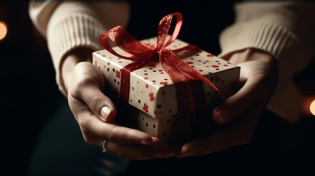 Designer Gift box with beautiful red ribbon in female39s hand generative AI