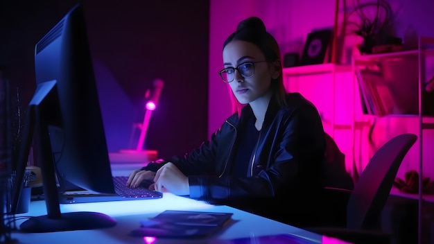 Designer girl sitting at the table in front of computer neural network generated image