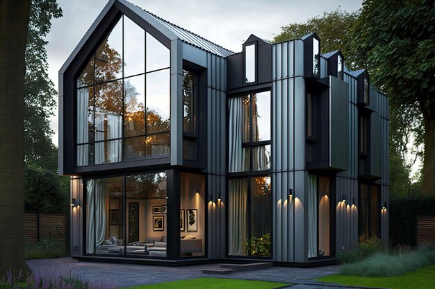再構築されたファサードとアルミニウム製の窓を備えたデザイナー ハウス ジェネレーティブ ai