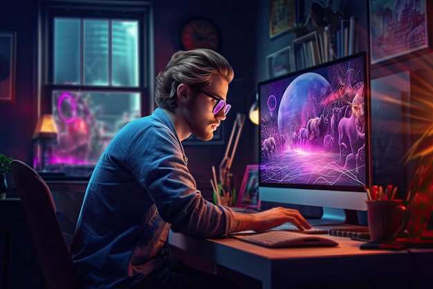 Designer IT working at his home office desktop setup on creative project digital illustration Generative AI