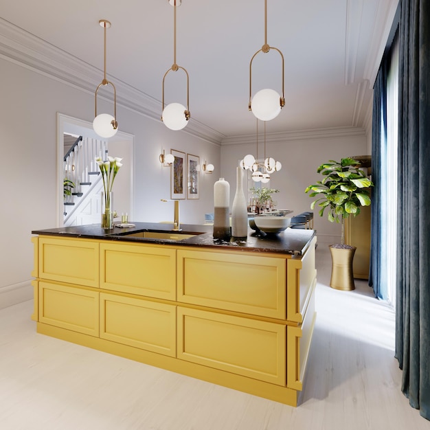 Photo designer kitchen island pistachio color with decor and lamps over. 3d rendering