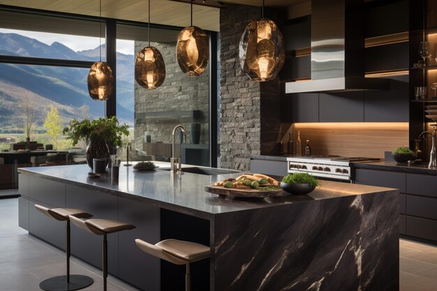 Photo designer kitchen with basalt countertops backsplash and island