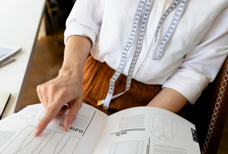 Photo designer looking at a catalog