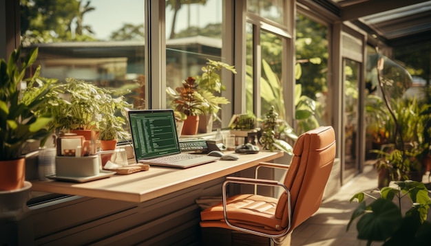 Фото Дизайнер или фотограф рабочее место с ноутбуком большие панорамные окна комната с зелеными растениями