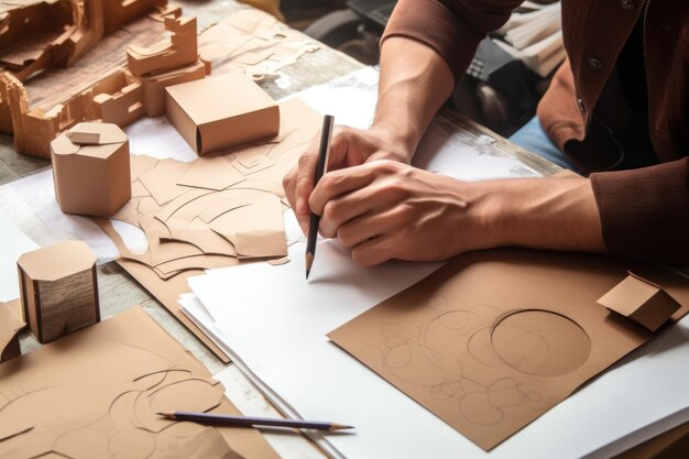 Designer sketching drawing design Brown craft cardboard paper packaging mockup box Generative AI