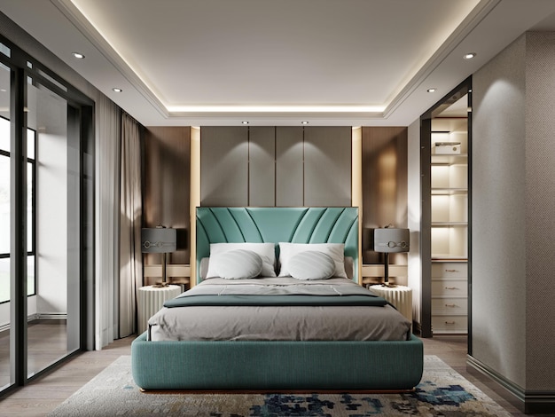 Designer slaapkamer met bed in turquoise kleur en prachtige nachtkastjes met lampen met stoffen kap 3D-rendering