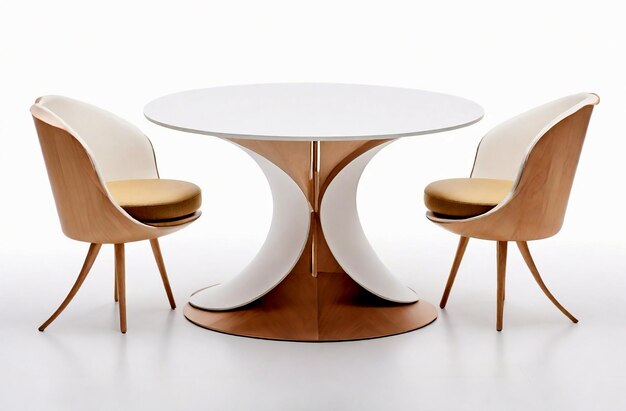 写真 白い背景の椅子を備えたデザイナーのテーブル