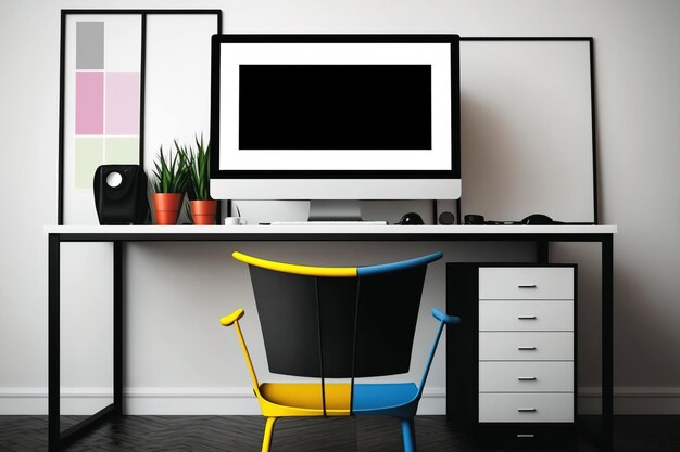 At a designer workstation with a blank computer screen and frames there is a contemporary black chair and a colorful chair a mockup