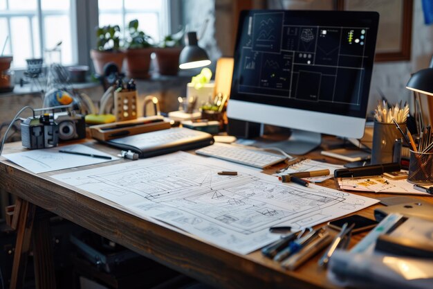 Designers desk with responsive web ux design blueprint sketch concept