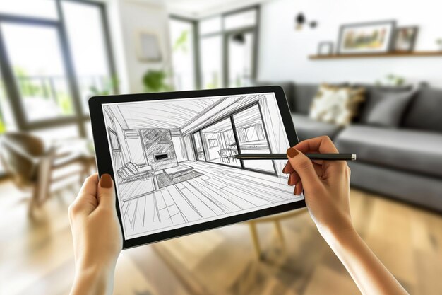 Designers hands creating an interior sketch on a tablet