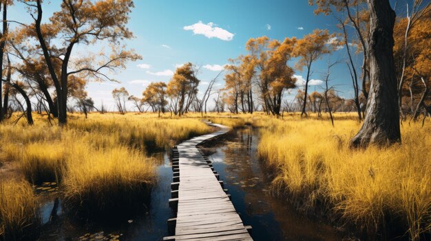 Designing A Captivating Wetland Hiking Trail With Vibrant Colors And Strong Shadows