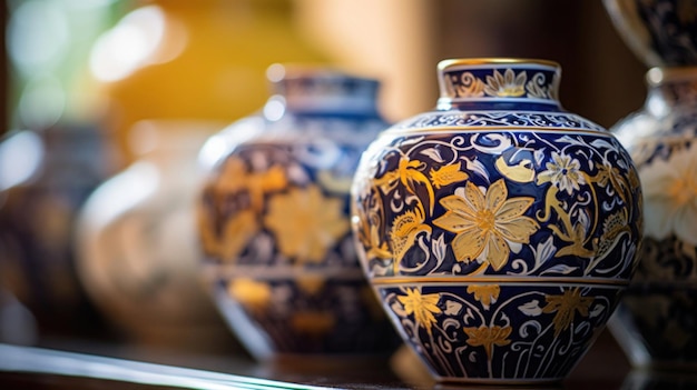 designs on traditional Chinese porcelain vases displayed in a home