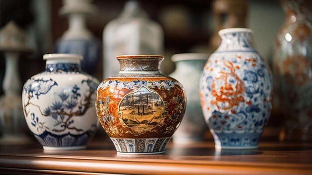 designs on traditional Chinese porcelain vases displayed in a home