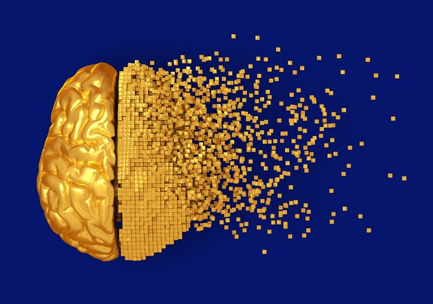 Desintegration Of Golden Digital Brain On Blue Background