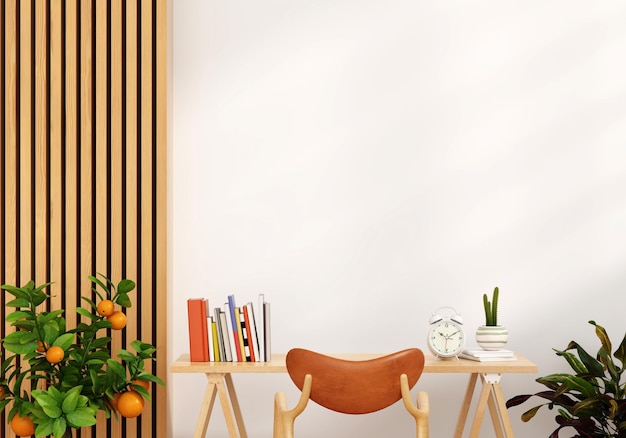 Desk and armchair in white living room with copy space