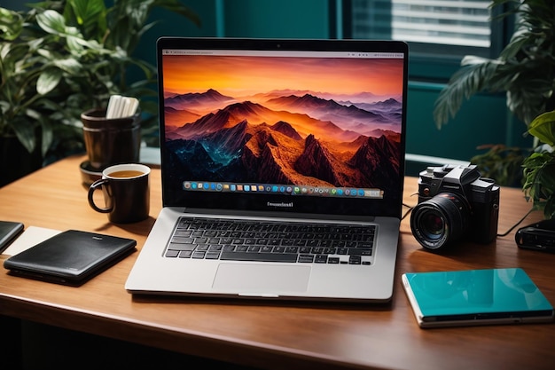 Desk arrangement with laptop high angle