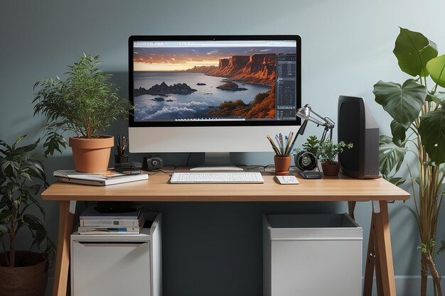 Photo desk arrangement with monitor