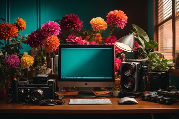 Photo desk arrangement with monitor