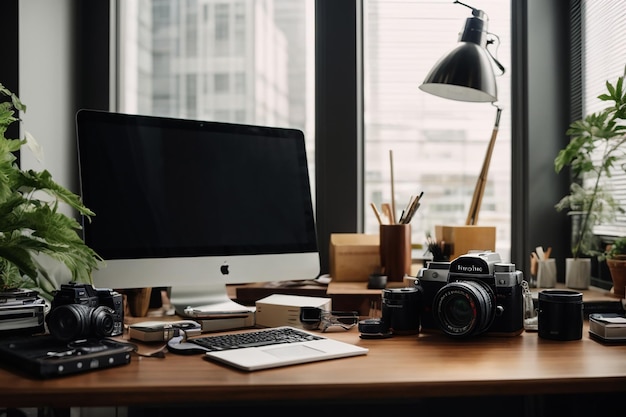 Photo desk arrangement with monitor