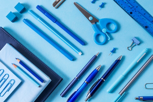 Desk arrangement with writing items top view