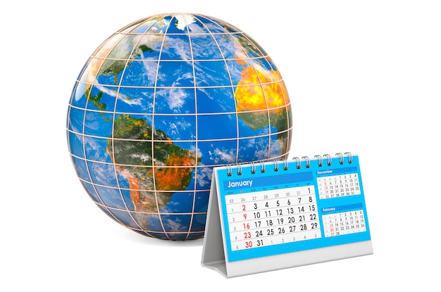 Desk calendar with Earth Globe 3D rendering