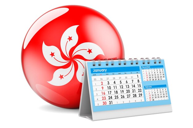 Foto calendario da tavolo con rendering 3d della bandiera di hong kong