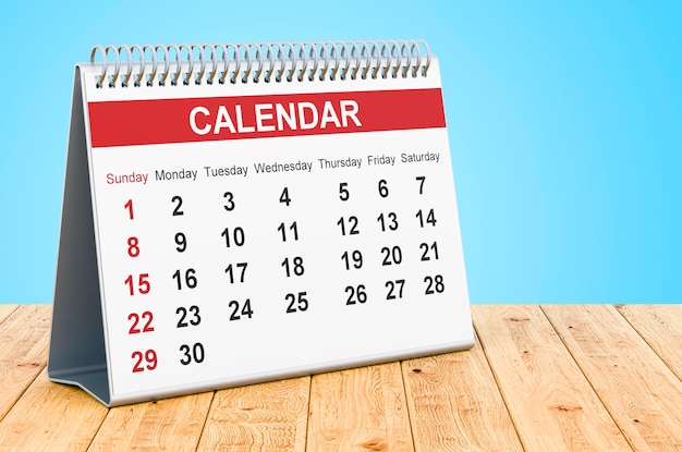 Desk Calendar on the wooden table 3D rendering