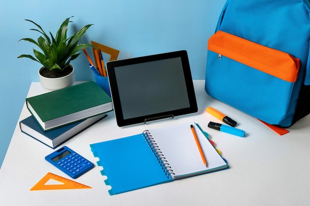 Desk in child's room. Close-up of cozy workspace in student's room.