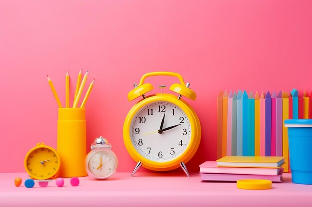 Desk colorful table deadline yellow clock alarm reminder school object time background pen study morning education notebook work white watch college concept business