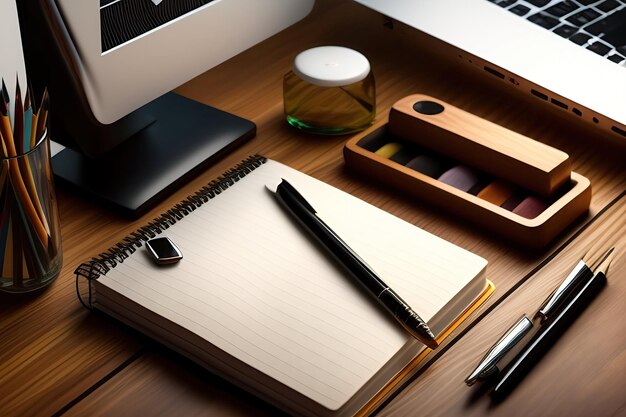 Desk creative workspace with wooden supplies and notebook